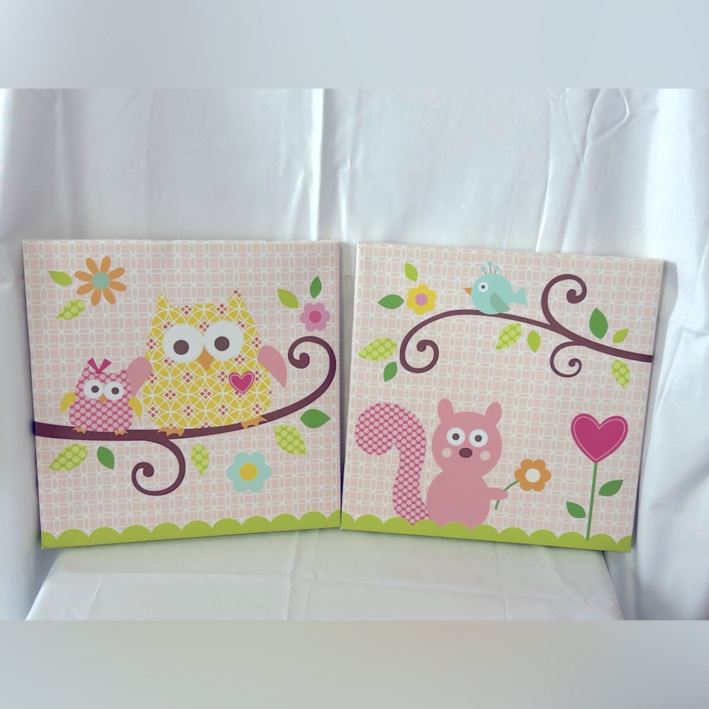 Dena Happi Tree Cute Owl and Squirrel Canvas Art Wall Set of 2
